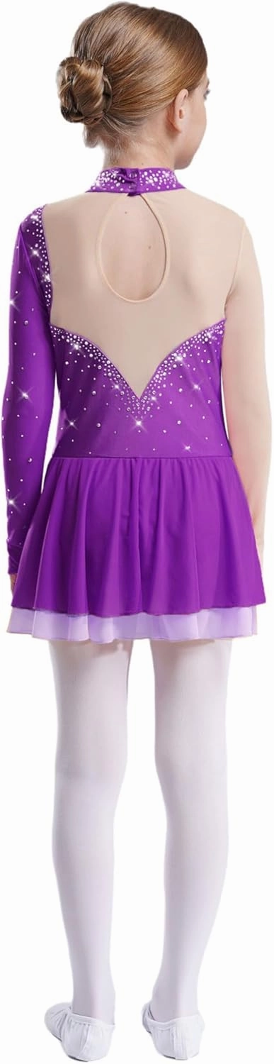 Kids Girls Sparkly Figure Skating Dress Shiny Long Sleeve Ice Skating Dance Dress for Performance Competition