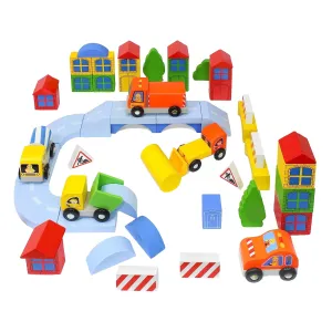 Kidzlane Wooden Construction Site Building Blocks - 50 Pc Wood Block Variety Set with Vehicles, Bridge   More in Storage Bucket - Brightly Painted, Safe & Non-Toxic for Toddlers & Kids Ages 3 