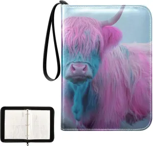 Kigai Colorful Highland Cow Trading Card Binder, 4 Pockets Card Album with 400 Cards, Waterproof PU Zip Portable Card Holder for Sports Cards, Game Cards