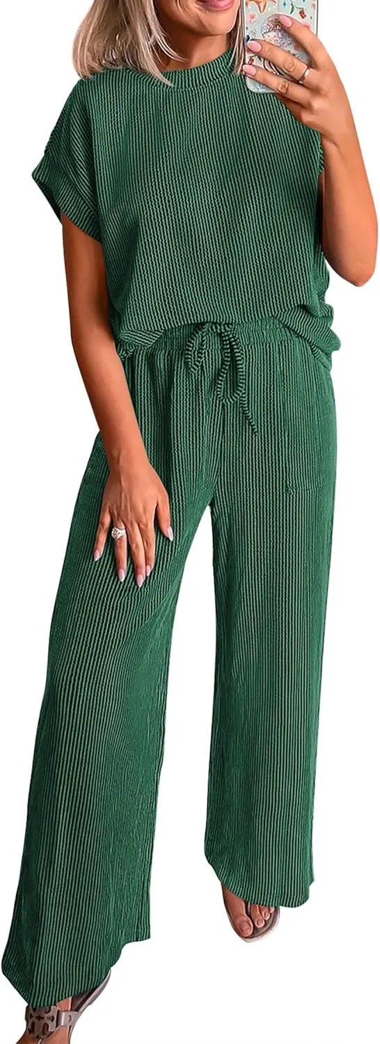 KIRUNDO Summer Sets Women 2 Piece Outfits Casual Ribbed Knit Short Sleeve Tops Wide Leg Pants Lounge Set Travel Tracksuit