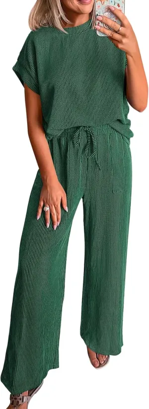 KIRUNDO Summer Sets Women 2 Piece Outfits Casual Ribbed Knit Short Sleeve Tops Wide Leg Pants Lounge Set Travel Tracksuit