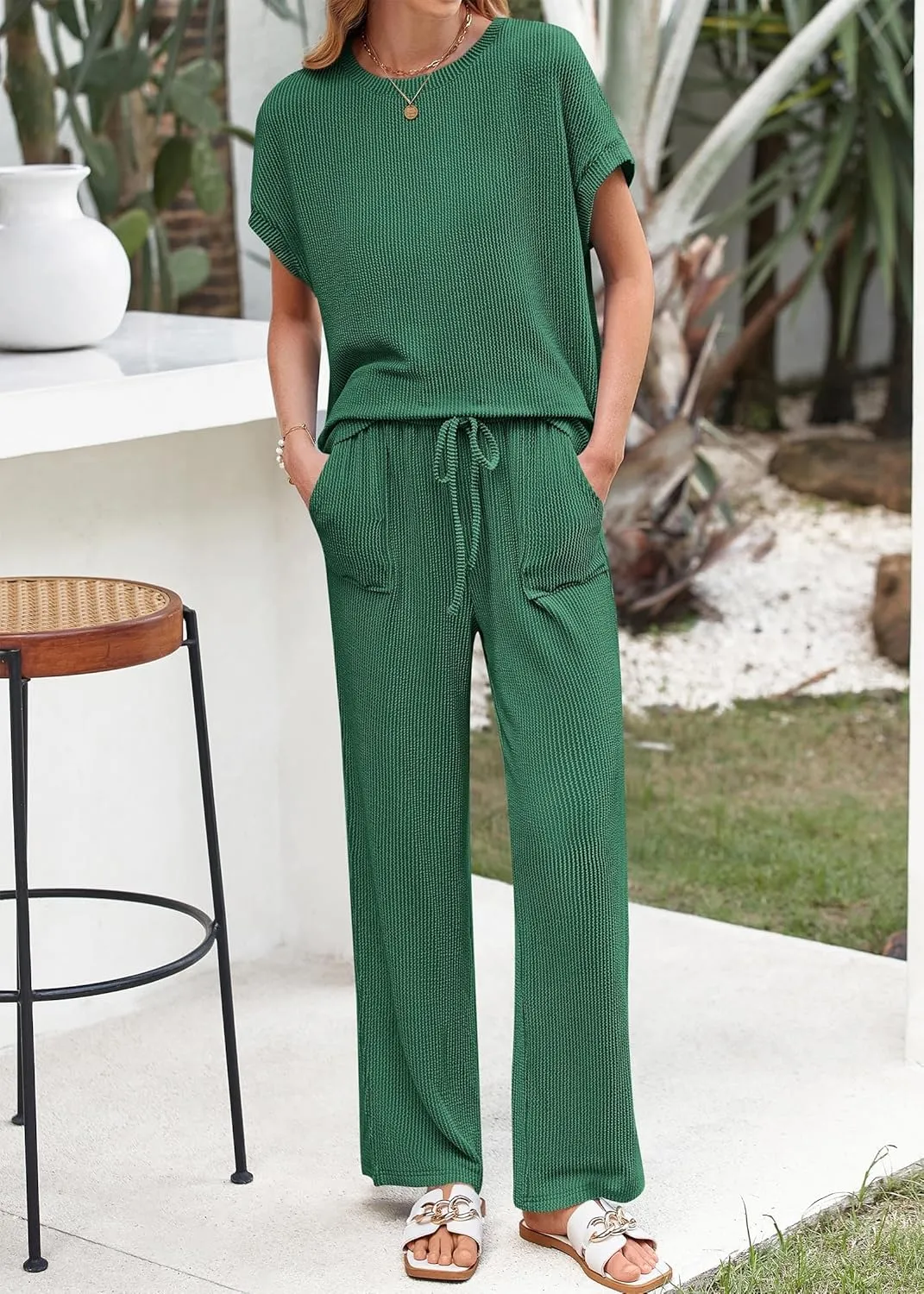 KIRUNDO Summer Sets Women 2 Piece Outfits Casual Ribbed Knit Short Sleeve Tops Wide Leg Pants Lounge Set Travel Tracksuit