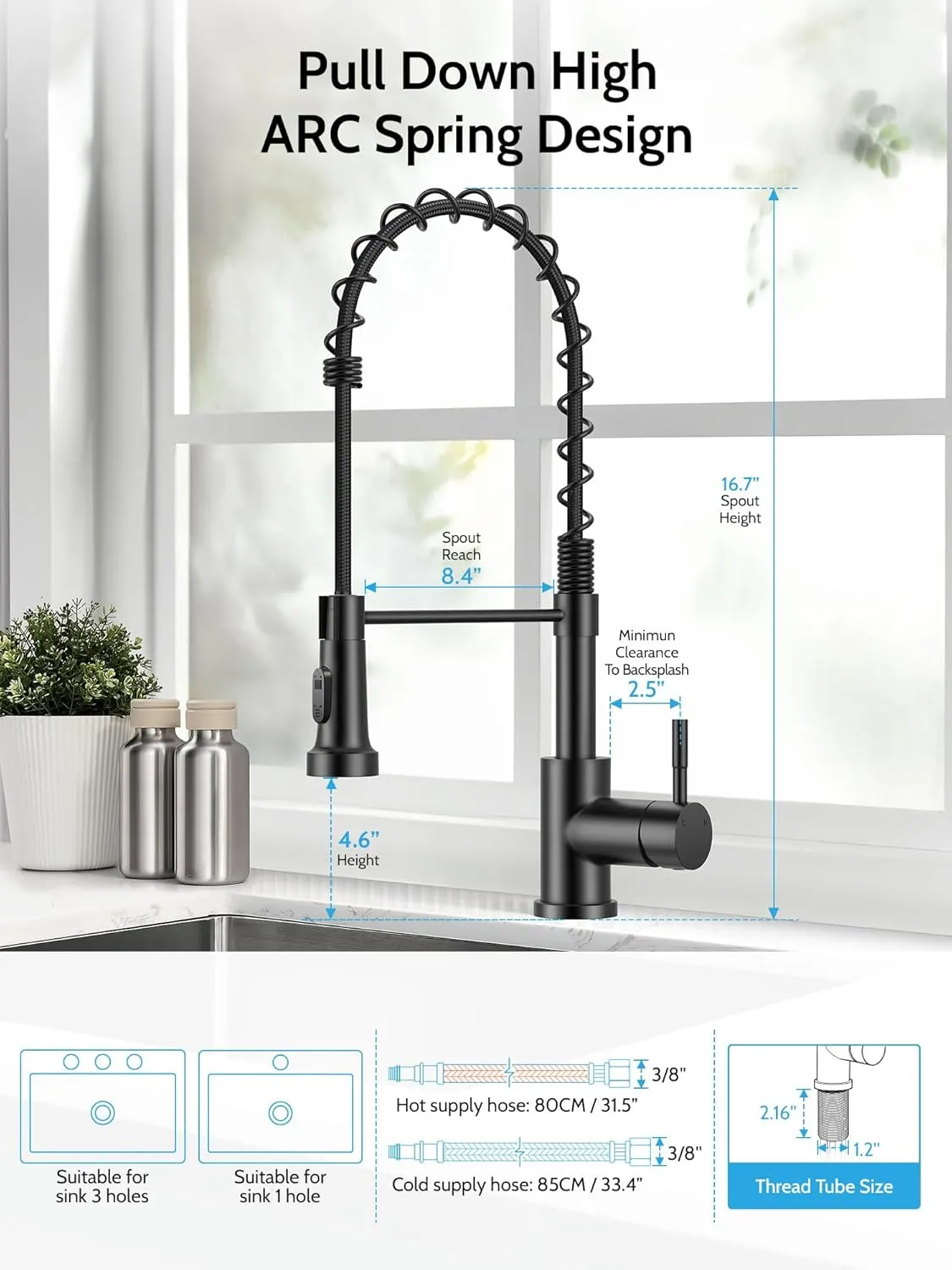 Kitchen Faucet with Pull Down Sprayer, High Arc Single Handle Stainless Steel Kitchen Sink Faucet with Sprayer for Rv Camper, Matte Black
