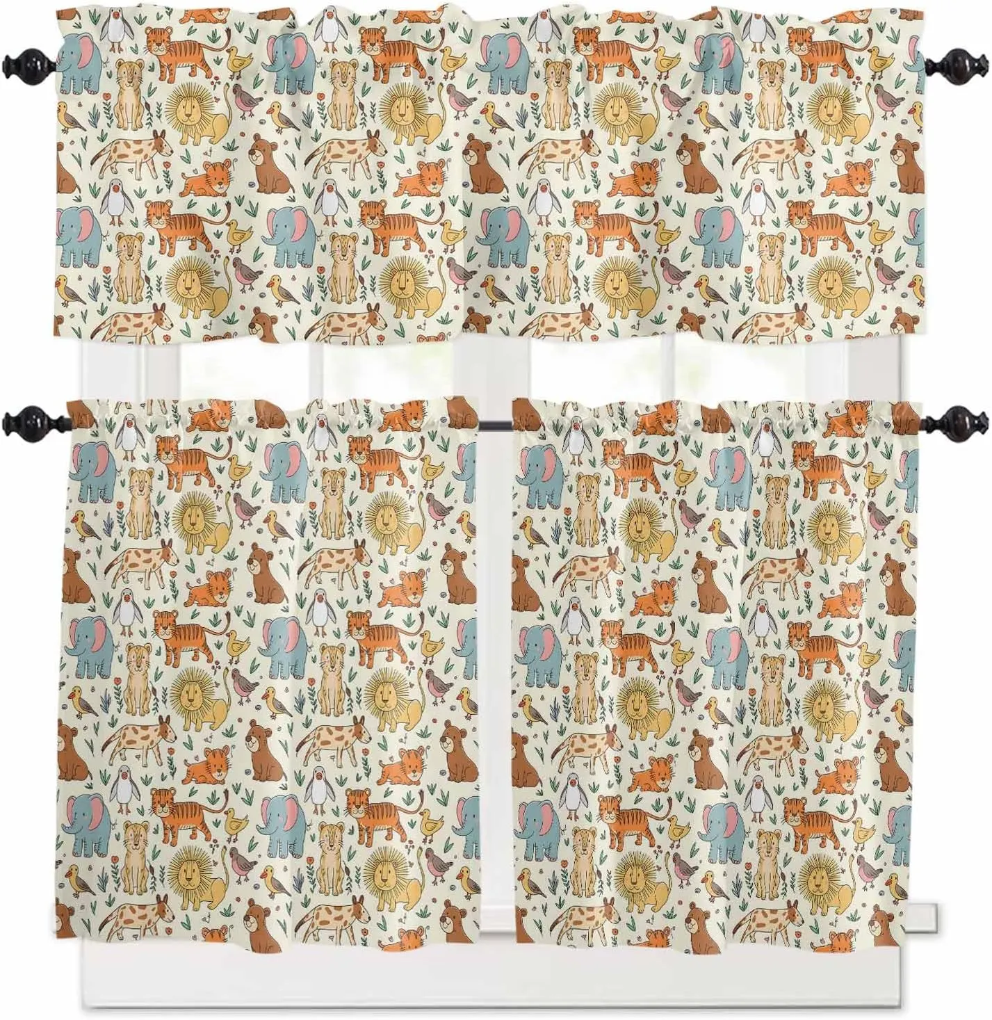 Kitchen Window Valance and Tier Curtains 3 Pieces Set Abstract Cartoon Elephant Tiger Lion Cat Bear Rod Pocket Valances Tiers Short Cafe Curtain Privacy Window Treatment for Bedroom Animal Focus