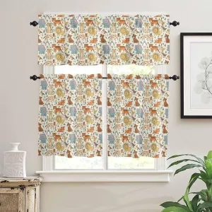 Kitchen Window Valance and Tier Curtains 3 Pieces Set Abstract Cartoon Elephant Tiger Lion Cat Bear Rod Pocket Valances Tiers Short Cafe Curtain Privacy Window Treatment for Bedroom Animal Focus