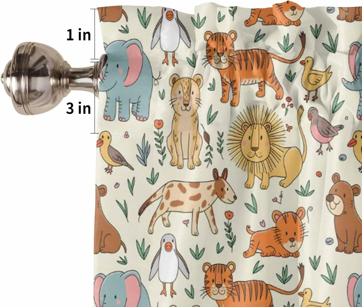 Kitchen Window Valance and Tier Curtains 3 Pieces Set Abstract Cartoon Elephant Tiger Lion Cat Bear Rod Pocket Valances Tiers Short Cafe Curtain Privacy Window Treatment for Bedroom Animal Focus