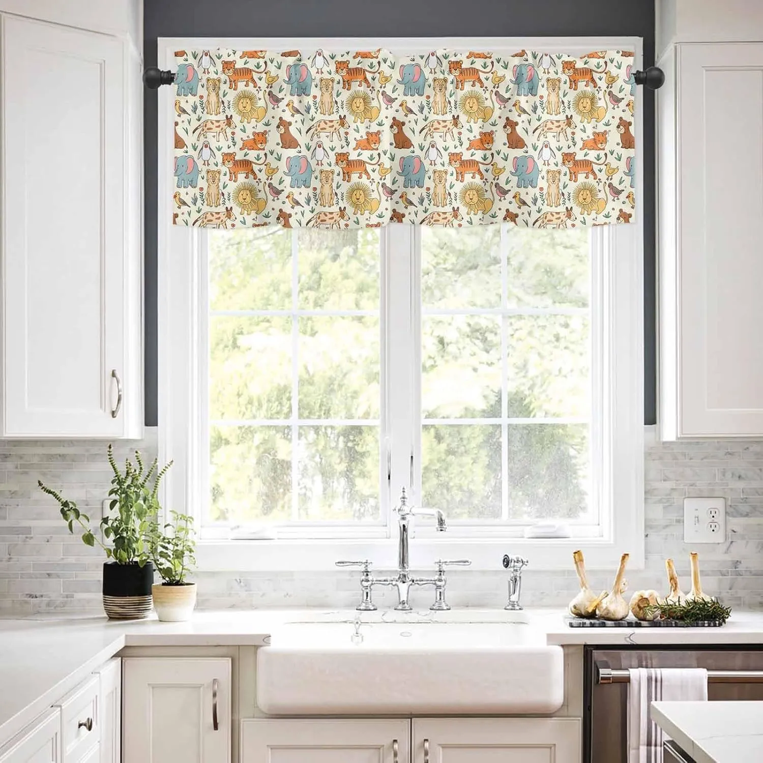 Kitchen Window Valance and Tier Curtains 3 Pieces Set Abstract Cartoon Elephant Tiger Lion Cat Bear Rod Pocket Valances Tiers Short Cafe Curtain Privacy Window Treatment for Bedroom Animal Focus