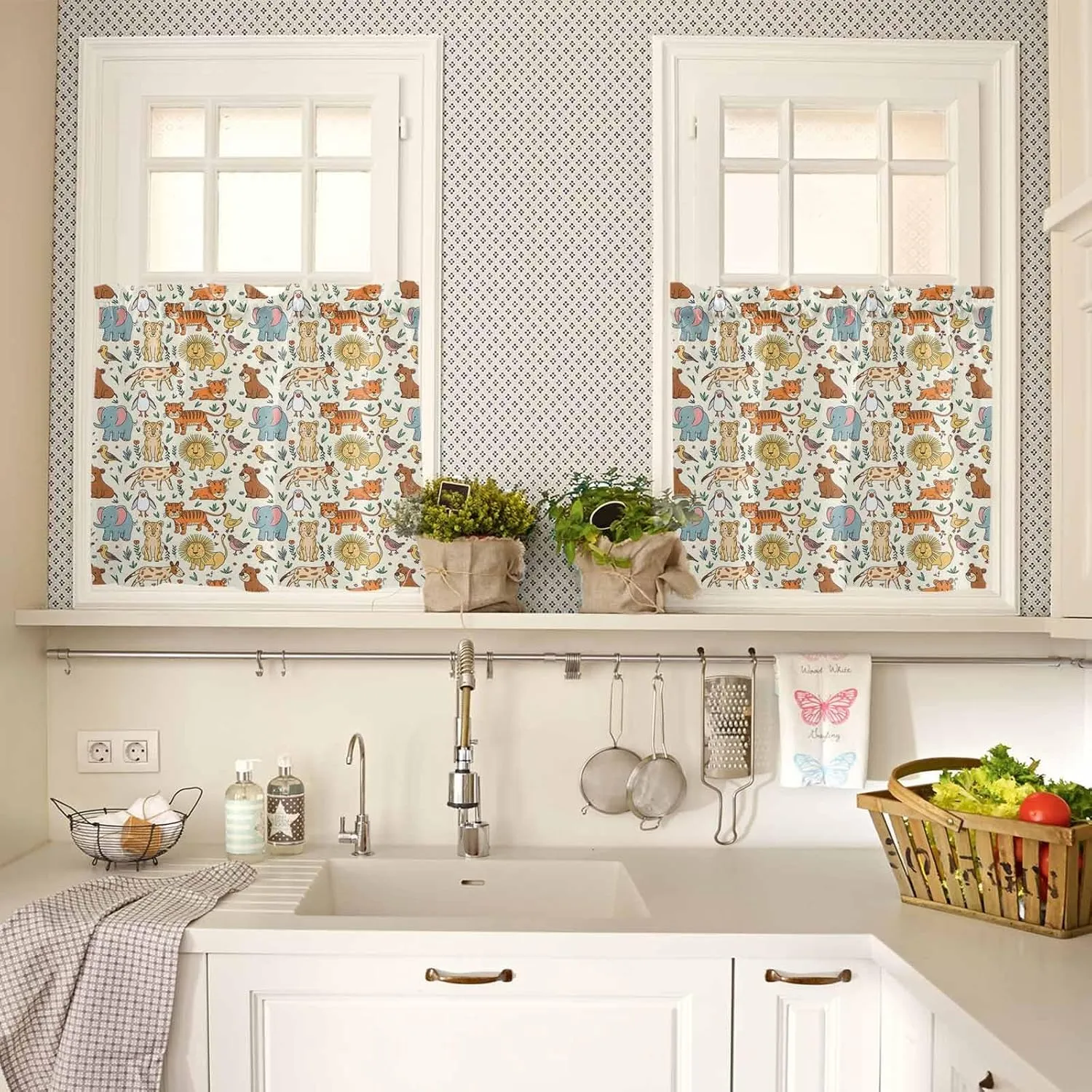 Kitchen Window Valance and Tier Curtains 3 Pieces Set Abstract Cartoon Elephant Tiger Lion Cat Bear Rod Pocket Valances Tiers Short Cafe Curtain Privacy Window Treatment for Bedroom Animal Focus
