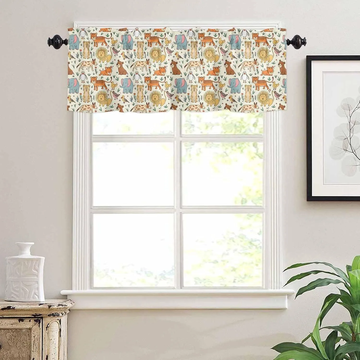 Kitchen Window Valance and Tier Curtains 3 Pieces Set Abstract Cartoon Elephant Tiger Lion Cat Bear Rod Pocket Valances Tiers Short Cafe Curtain Privacy Window Treatment for Bedroom Animal Focus