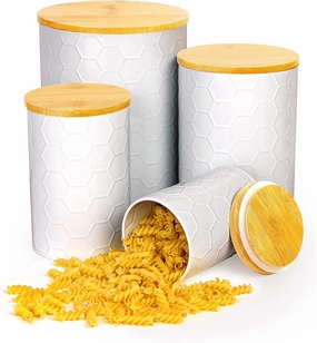 Kitchen Canisters Set of 4, White Metal Canisters Sets for the Kitchen, Sugar and Flour Canister Sets for Kitchen Counter, Farmhouse Canisters for Countertop, Airtight Lids
