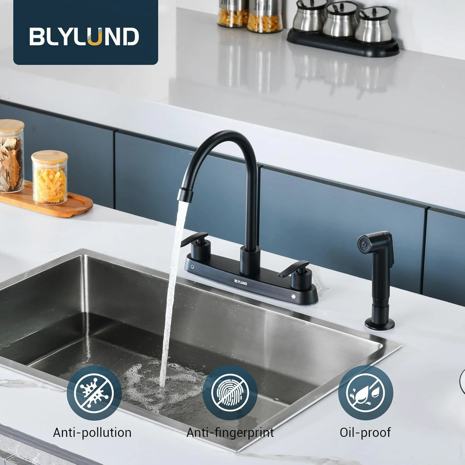 Kitchen Faucets with Side Sprayer, Matte Black High Arc 8 Inch Centerset 4 Hole Kitchen Faucet 2 Handle Stainless Steel Kitchen Sink Faucet for 4 Holes, for Commercial RV Laundry Utility