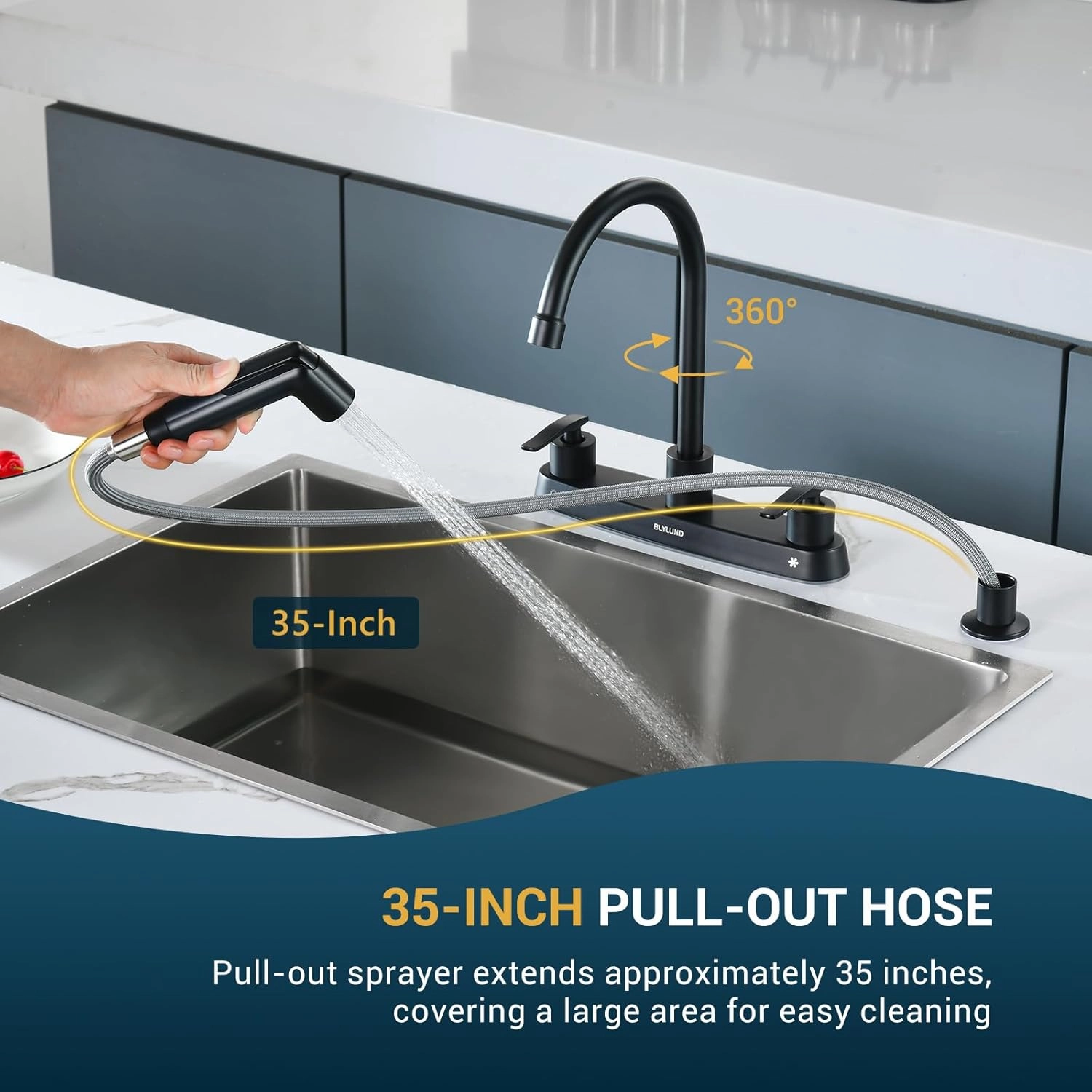 Kitchen Faucets with Side Sprayer, Matte Black High Arc 8 Inch Centerset 4 Hole Kitchen Faucet 2 Handle Stainless Steel Kitchen Sink Faucet for 4 Holes, for Commercial RV Laundry Utility