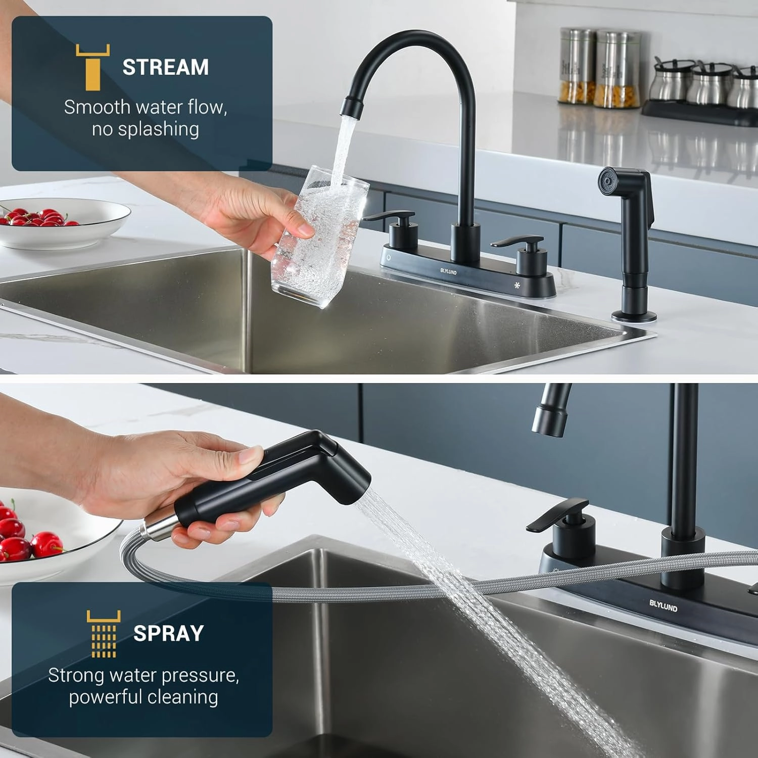 Kitchen Faucets with Side Sprayer, Matte Black High Arc 8 Inch Centerset 4 Hole Kitchen Faucet 2 Handle Stainless Steel Kitchen Sink Faucet for 4 Holes, for Commercial RV Laundry Utility