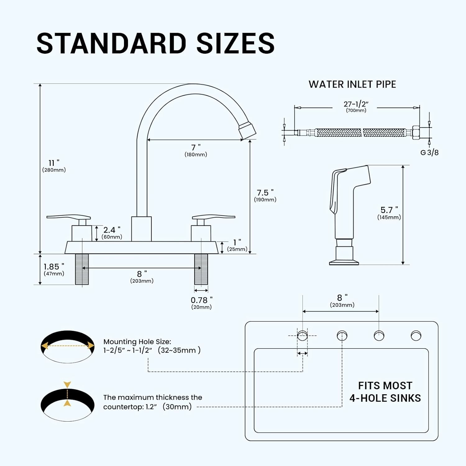 Kitchen Faucets with Side Sprayer, Matte Black High Arc 8 Inch Centerset 4 Hole Kitchen Faucet 2 Handle Stainless Steel Kitchen Sink Faucet for 4 Holes, for Commercial RV Laundry Utility