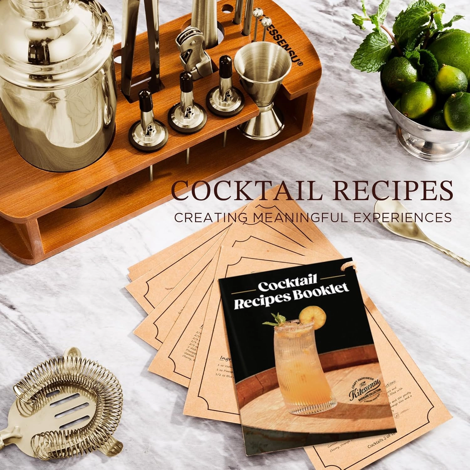 KITESSENSU Cocktail Shaker Set Bartender Kit with Stand | Bar Set Drink Mixer Set with All Essential Accessory Tools: Martini Shaker, Jigger, Strainer, Mixer Spoon, Muddler |Champagne Gold