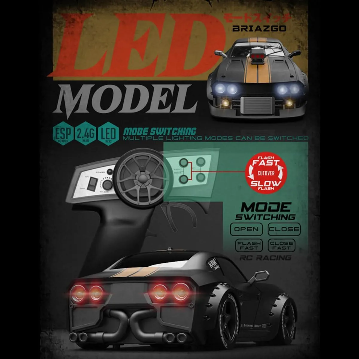 KM3299 4WD RC Drift Car, 1/32 High-Speed Electric Remote Control Car with Adjustable Wheelbase & 2-Speed Headlights, Indoor/Outdoor Drifting for Adults - RTR Version/Black