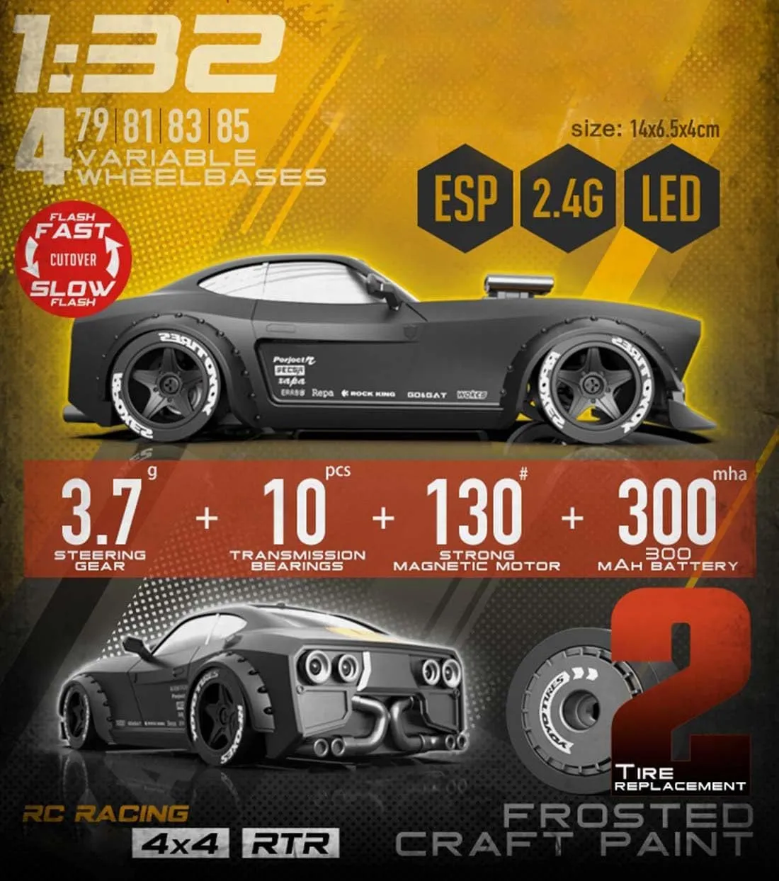 KM3299 RC Drift Car, 1:32 4WD High Speed RC Car with LED Headlights for Adults - Black