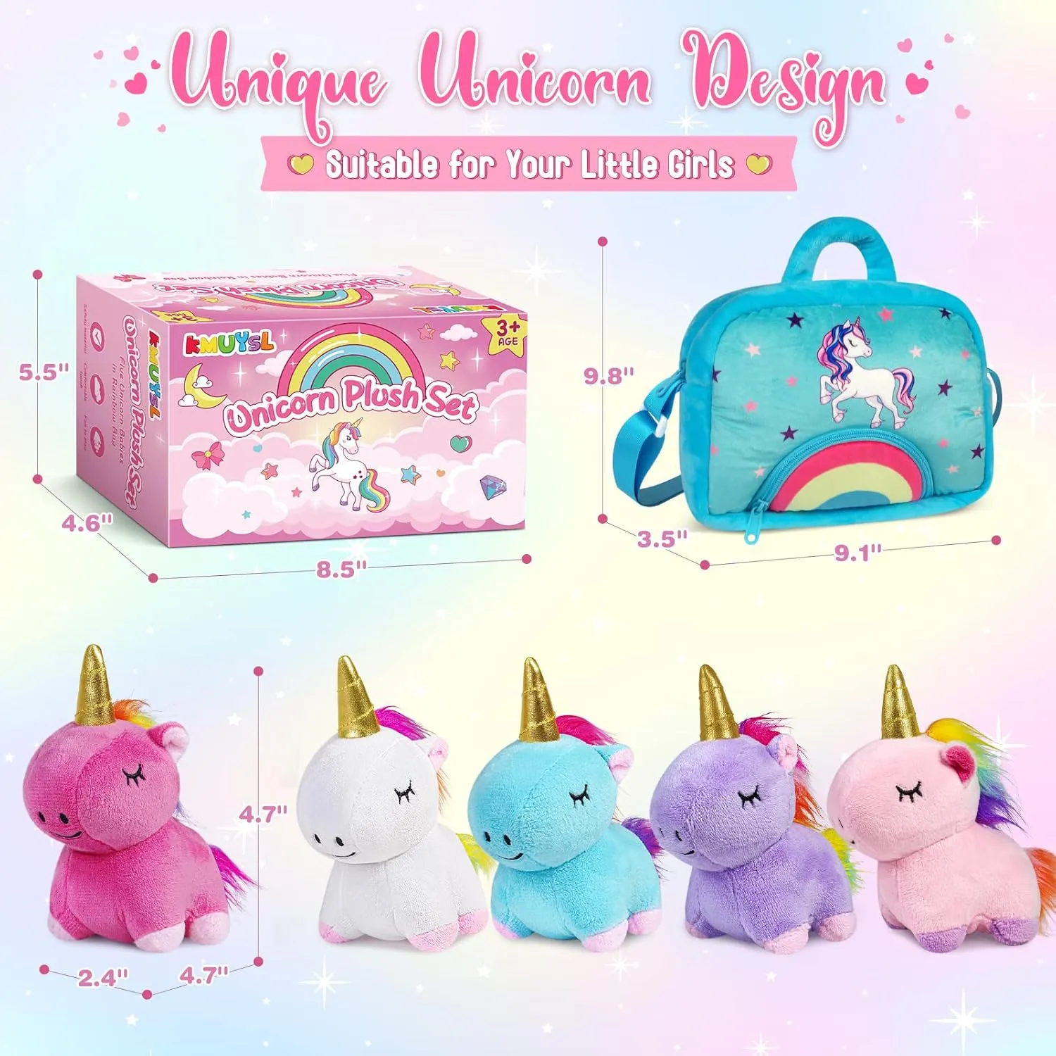 KMUYSL Unicorn Plush Toys for Girls Ages 3 4 5 6 7 8  Year Old - 5 Pcs Unicorn Stuffed Animals, Soft Plush Toys Set, Idea Xmas Valentines Easter Birthday Gifts for Kids