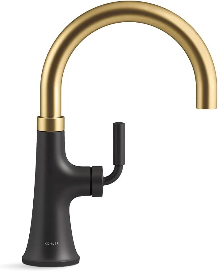 KOHLER 23767-BMB Kitchen, Tone, Swing Spout Bar Brushed Gold, 3-Spray Faucet, K-23767-BMB, Matte Black with Moderne Brass
