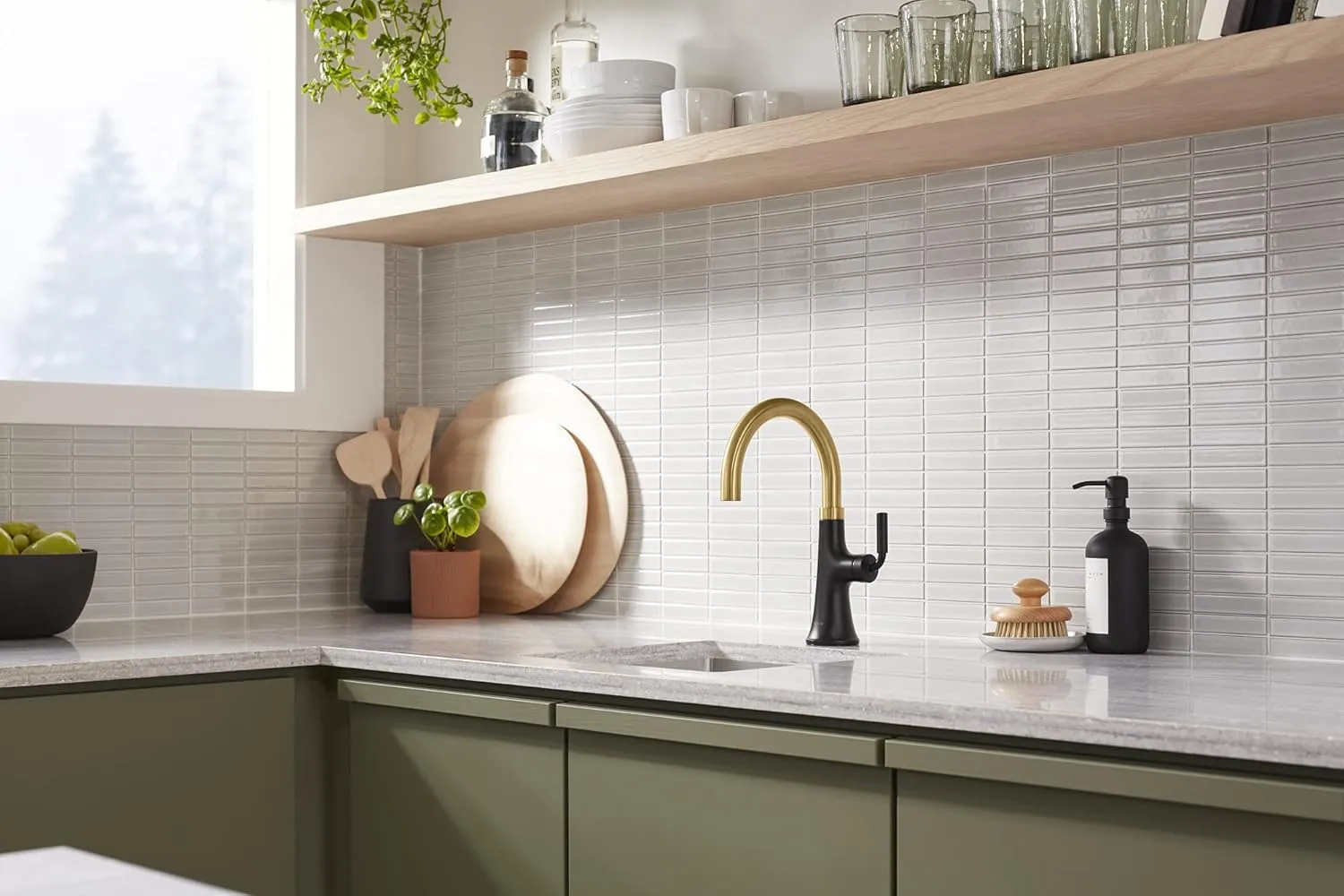 KOHLER 23767-BMB Kitchen, Tone, Swing Spout Bar Brushed Gold, 3-Spray Faucet, K-23767-BMB, Matte Black with Moderne Brass