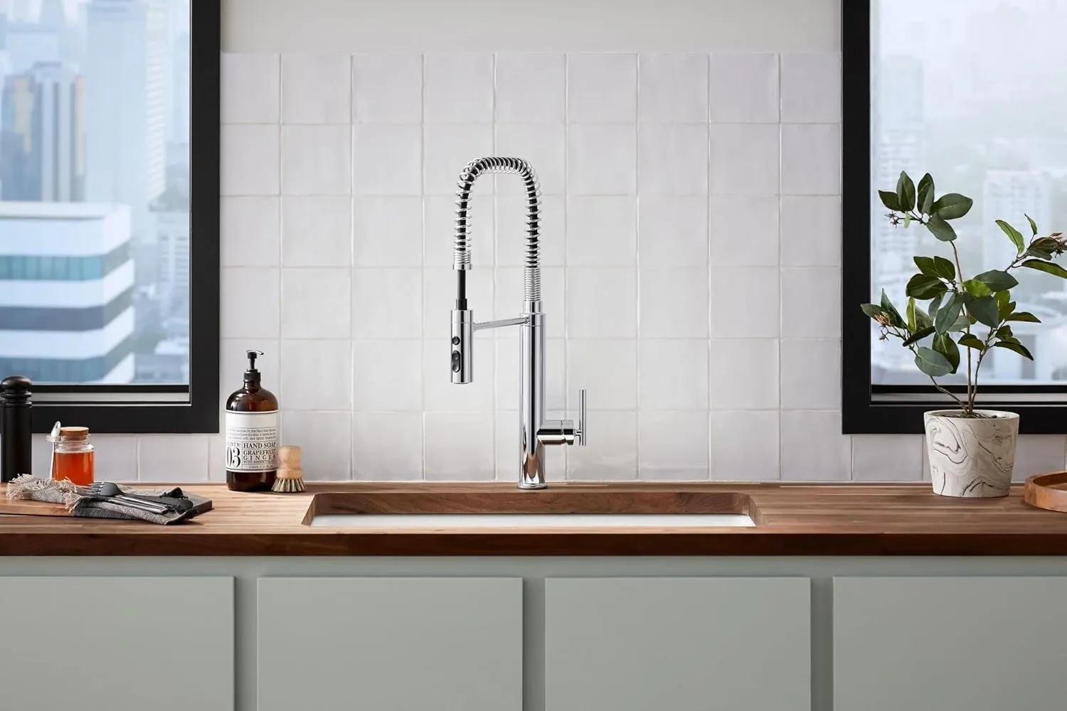 KOHLER 24982-BL Purist Commercial Style Pre-Rinse Kitchen Faucet with 3-Function Sprayhead, Kitchen Sink Faucet with Pull Down Sprayer, Matte Black