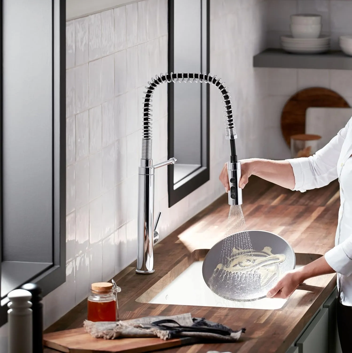 KOHLER 24982-BL Purist Commercial Style Pre-Rinse Kitchen Faucet with 3-Function Sprayhead, Kitchen Sink Faucet with Pull Down Sprayer, Matte Black