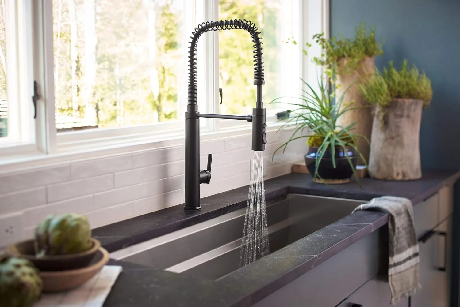KOHLER 24982-BL Purist Commercial Style Pre-Rinse Kitchen Faucet with 3-Function Sprayhead, Kitchen Sink Faucet with Pull Down Sprayer, Matte Black