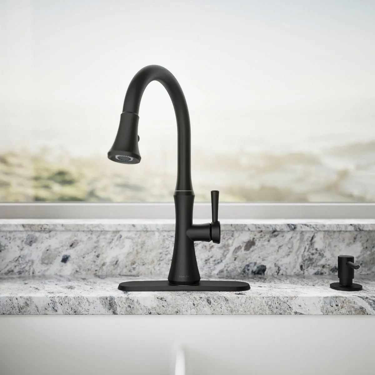 KOHLER Kaori Pull Down Kitchen Sink Faucet with 2-Function Pull-Down Sprayhead and Soap Dispenser, Matte Black