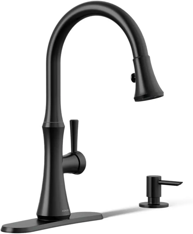 KOHLER Kaori Pull Down Kitchen Sink Faucet with 2-Function Pull-Down Sprayhead and Soap Dispenser, Matte Black