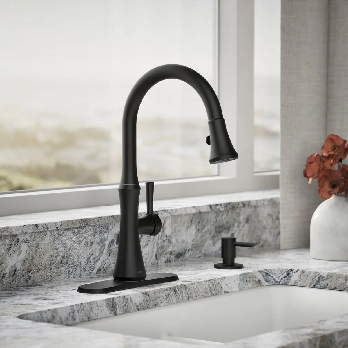 KOHLER Kaori Pull Down Kitchen Sink Faucet with 2-Function Pull-Down Sprayhead and Soap Dispenser, Matte Black