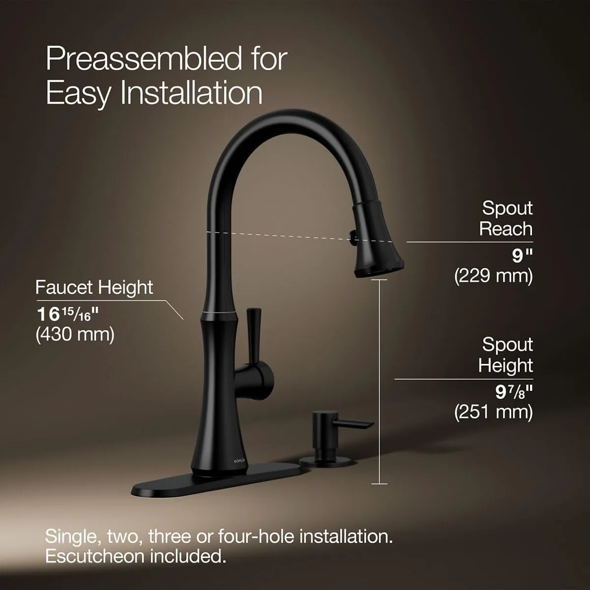 KOHLER Kaori Pull Down Kitchen Sink Faucet with 2-Function Pull-Down Sprayhead and Soap Dispenser, Matte Black