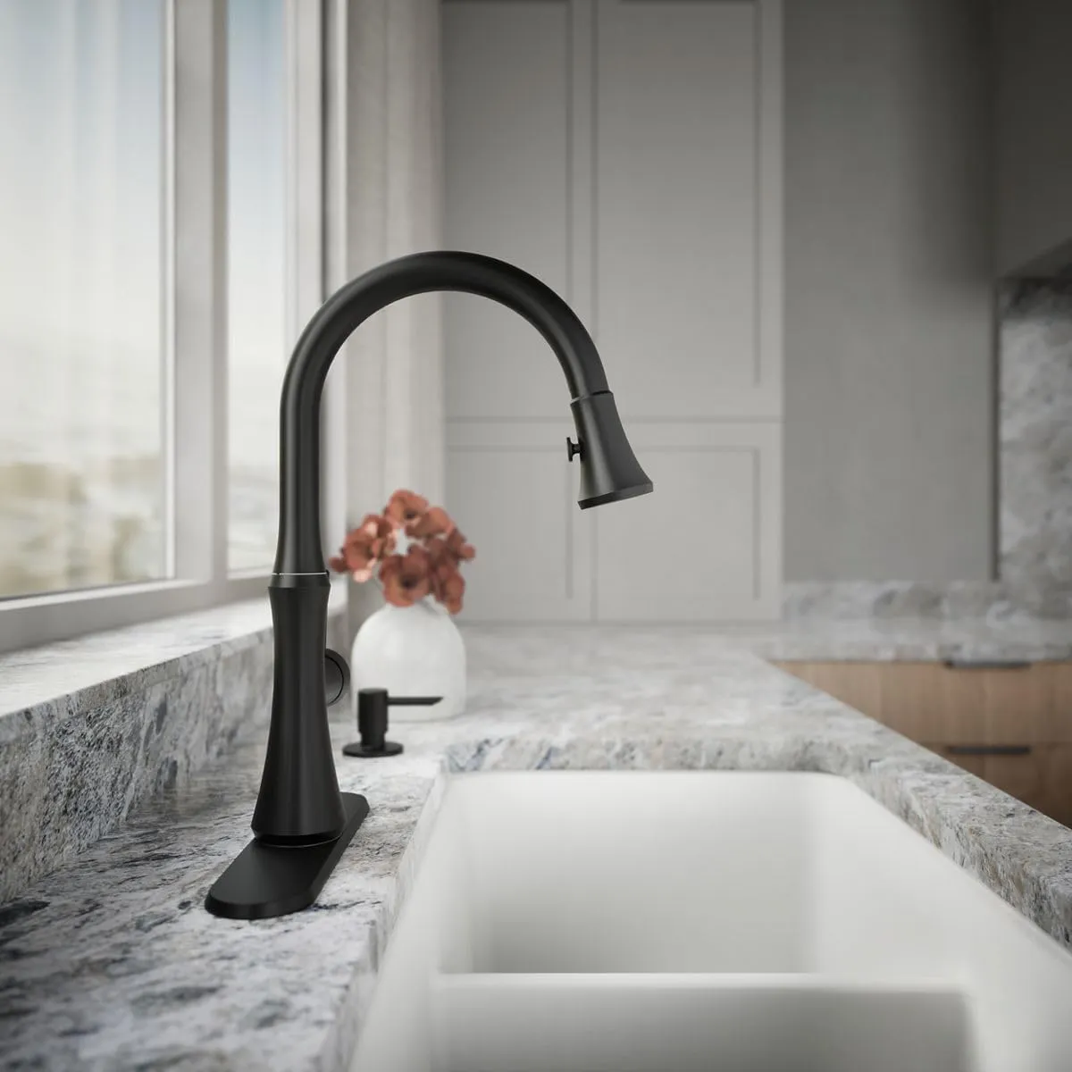 KOHLER Kaori Pull Down Kitchen Sink Faucet with 2-Function Pull-Down Sprayhead and Soap Dispenser, Matte Black