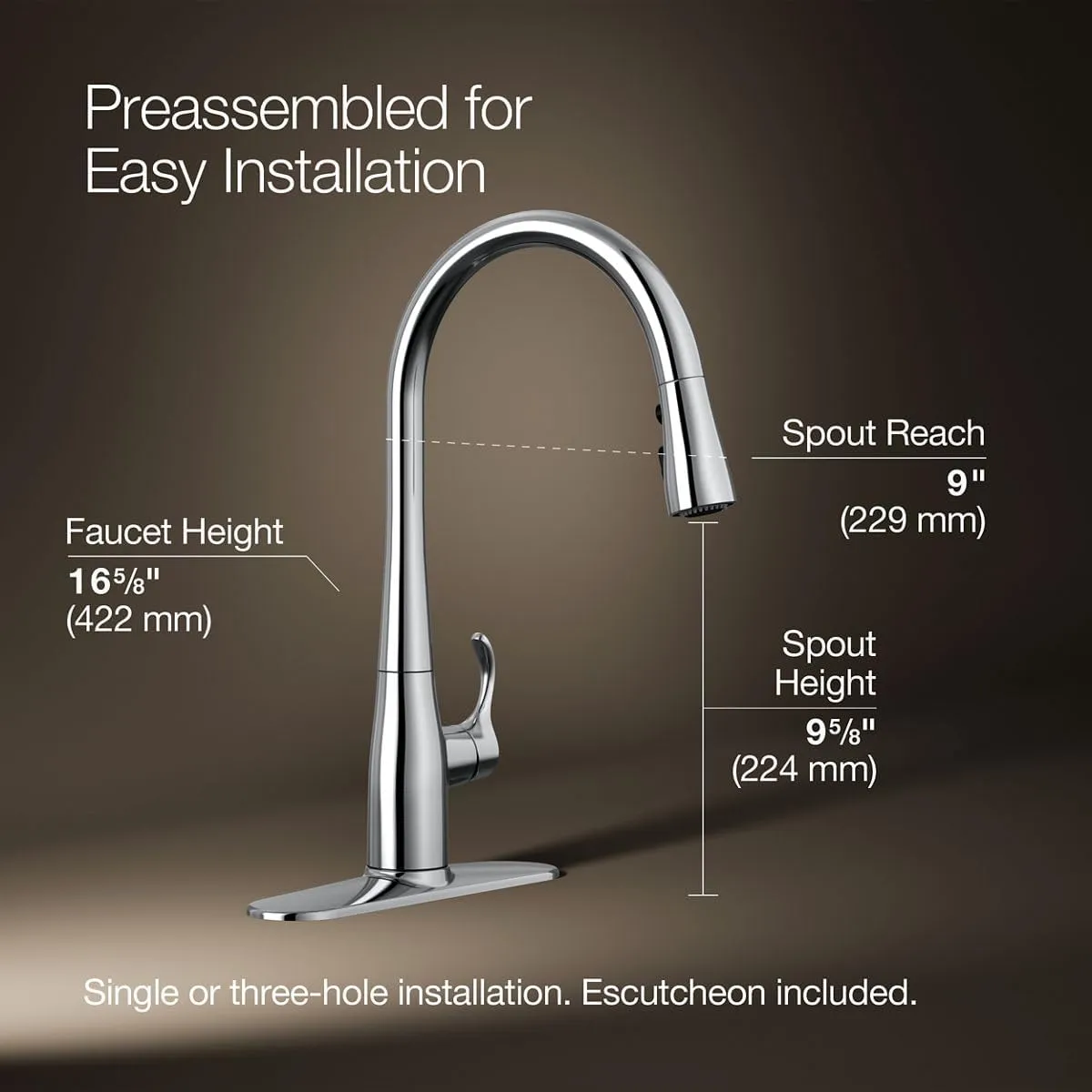 KOHLER Simplice Pull Down Kitchen Faucet, 3-Spray Faucet, Kitchen Sink Faucet with Pull Down Sprayer, Polished Chrome, K-596-CP