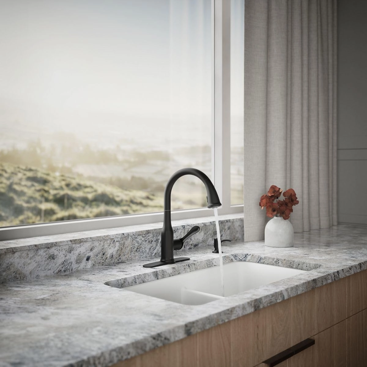 KOHLER Motif Pull Down Kitchen Faucet, Matte Black, 2 function spray head, Deck Plate Included, Magnetic Docking, K-REC23863-SD-BL