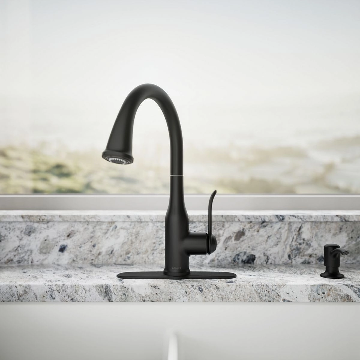 KOHLER Motif Pull Down Kitchen Faucet, Matte Black, 2 function spray head, Deck Plate Included, Magnetic Docking, K-REC23863-SD-BL