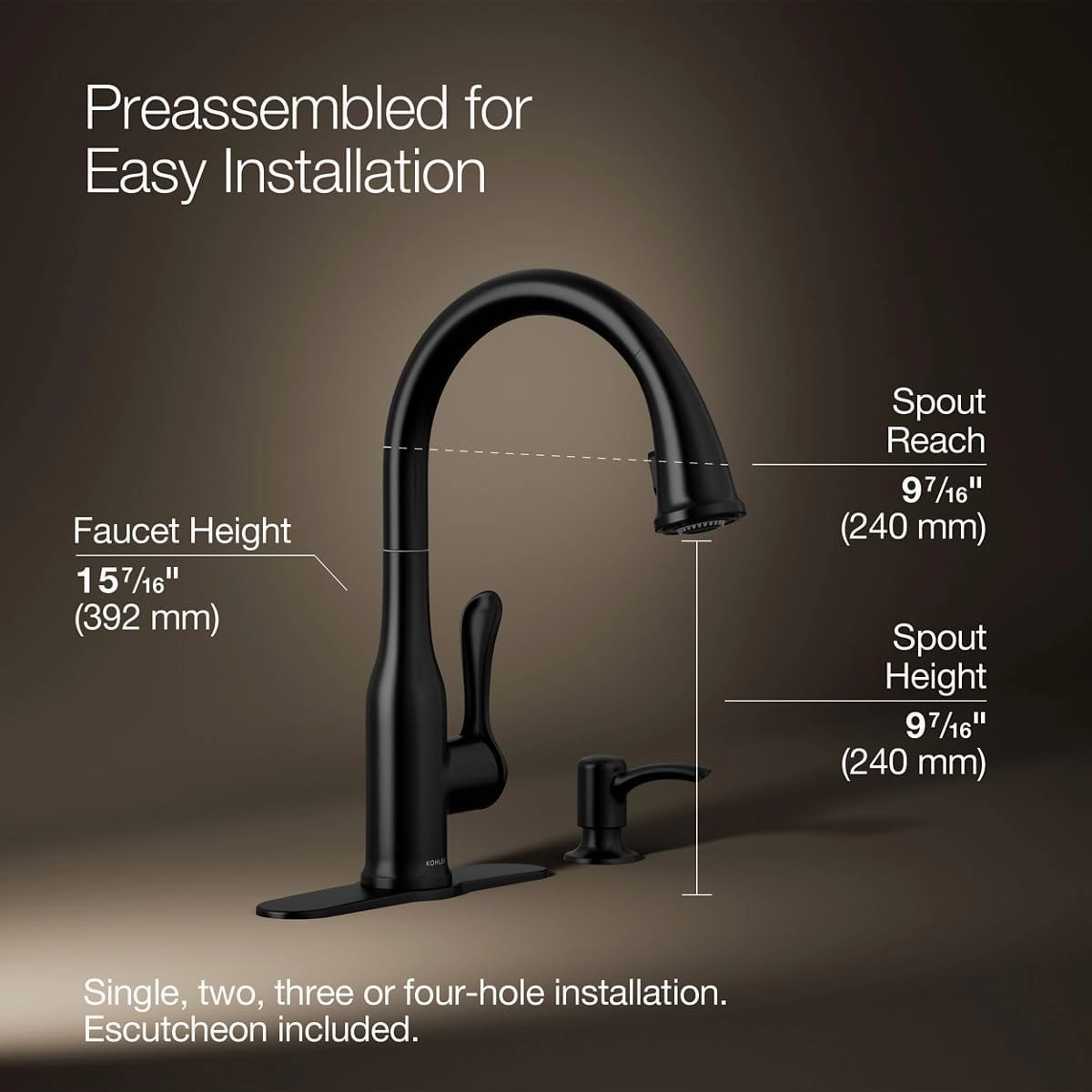 KOHLER Motif Pull Down Kitchen Faucet, Matte Black, 2 function spray head, Deck Plate Included, Magnetic Docking, K-REC23863-SD-BL