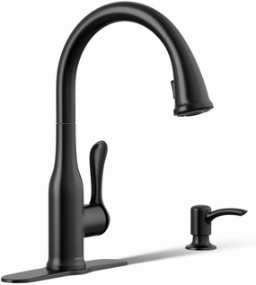 KOHLER Motif Pull Down Kitchen Faucet, Matte Black, 2 function spray head, Deck Plate Included, Magnetic Docking, K-REC23863-SD-BL