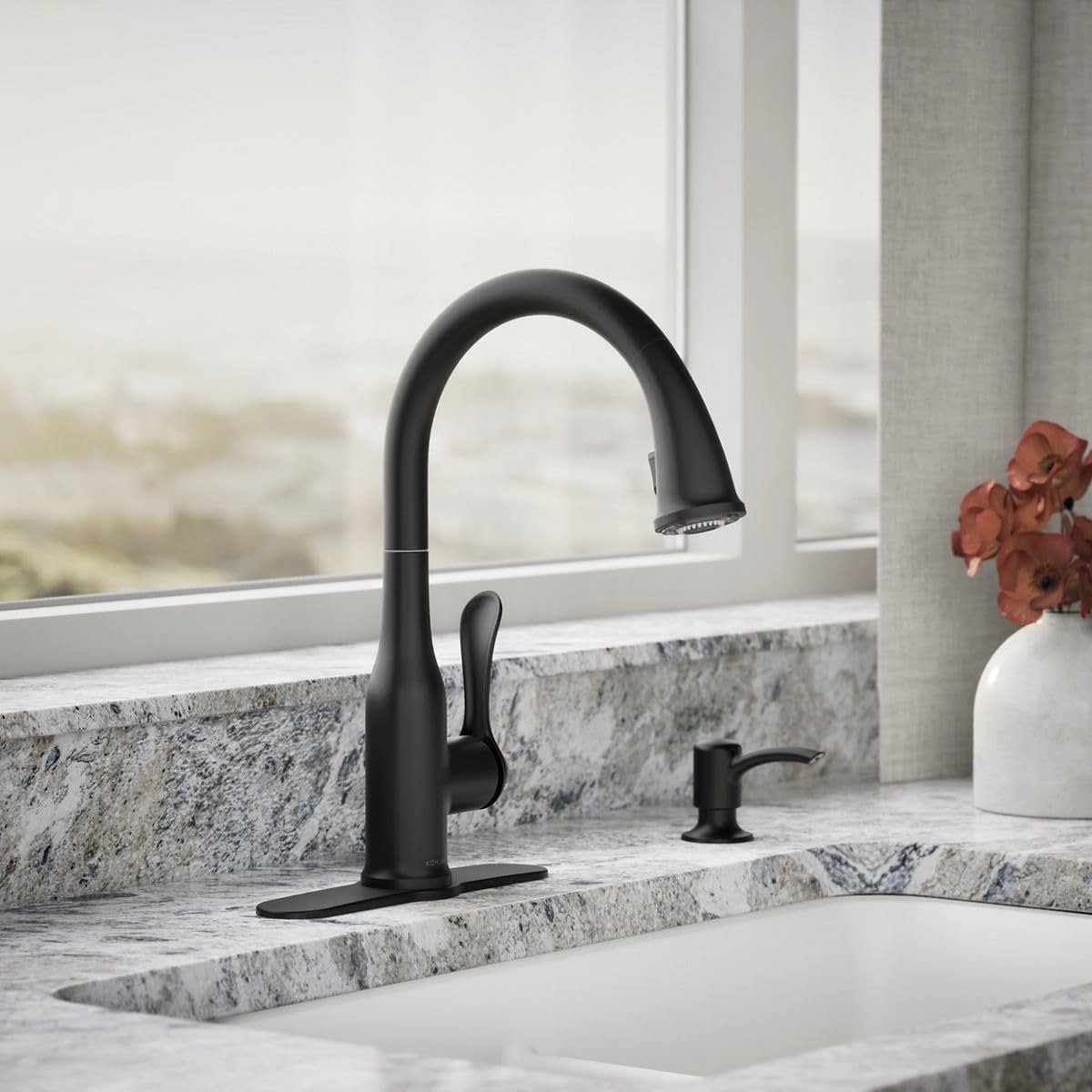 KOHLER Motif Pull Down Kitchen Faucet, Matte Black, 2 function spray head, Deck Plate Included, Magnetic Docking, K-REC23863-SD-BL