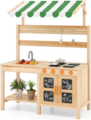 KOTEK Mud Kitchen for Kids, Outdoor Play Kitchen with Canopy, 4 Stoves, Faucet & Sink, Blackboards, Accessories, Safety Fir Wood Frame, Toddler Mud Table for Backyard Garden