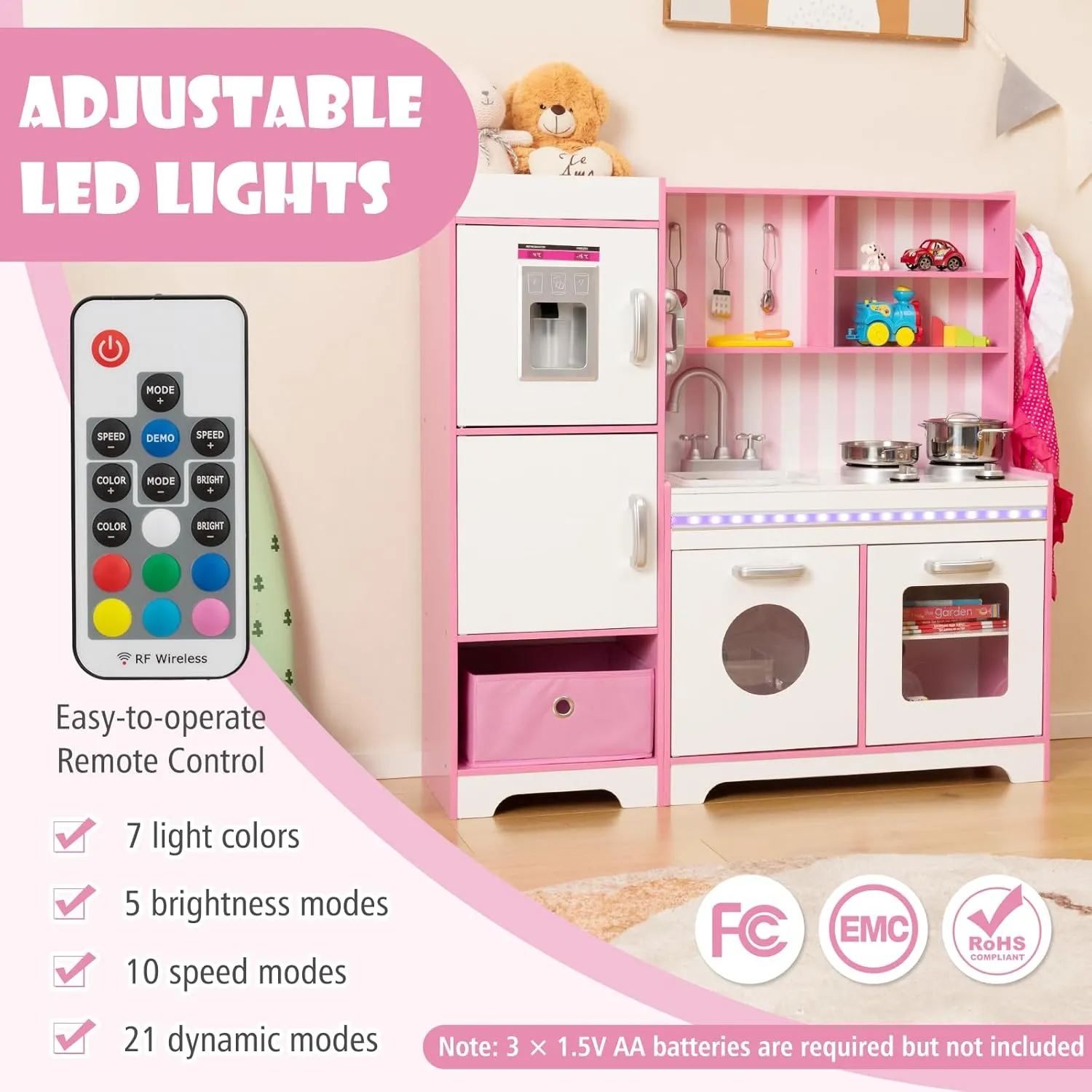 KOTEK Play Kitchen with Lights and Sounds, Wooden Toddler Kitchen Playset w/Ice Maker, Washing Machine, 16 Accessories & Stove, Chef Pretend Play Toy Kitchen Set for Kids Girls & Boys Ages 3  (Pink)