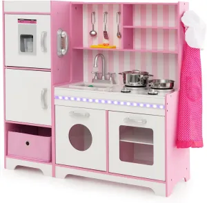 KOTEK Play Kitchen with Lights and Sounds, Wooden Toddler Kitchen Playset w/Ice Maker, Washing Machine, 16 Accessories & Stove, Chef Pretend Play Toy Kitchen Set for Kids Girls & Boys Ages 3  (Pink)