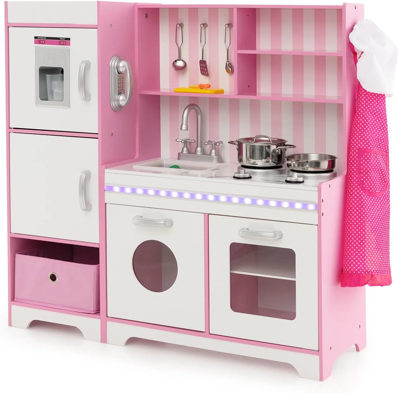 KOTEK Play Kitchen with Lights and Sounds, Wooden Toddler Kitchen Playset w/Ice Maker, Washing Machine, 16 Accessories & Stove, Chef Pretend Play Toy Kitchen Set for Kids Girls & Boys Ages 3  (Pink)
