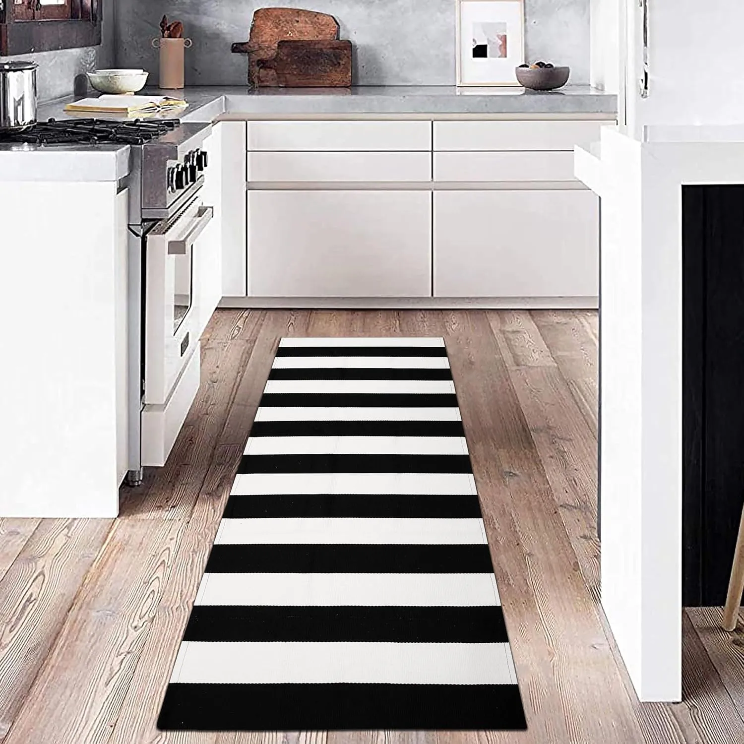 KOZYFLY Black and White Striped Runner Rug 2x6 Ft Washable Hallway Runner Rug Farmhouse Kitchen Rug Hand Woven Cotton Indoor Outdoor Rug for Kitchen Hallway Bedroom Laundry Room