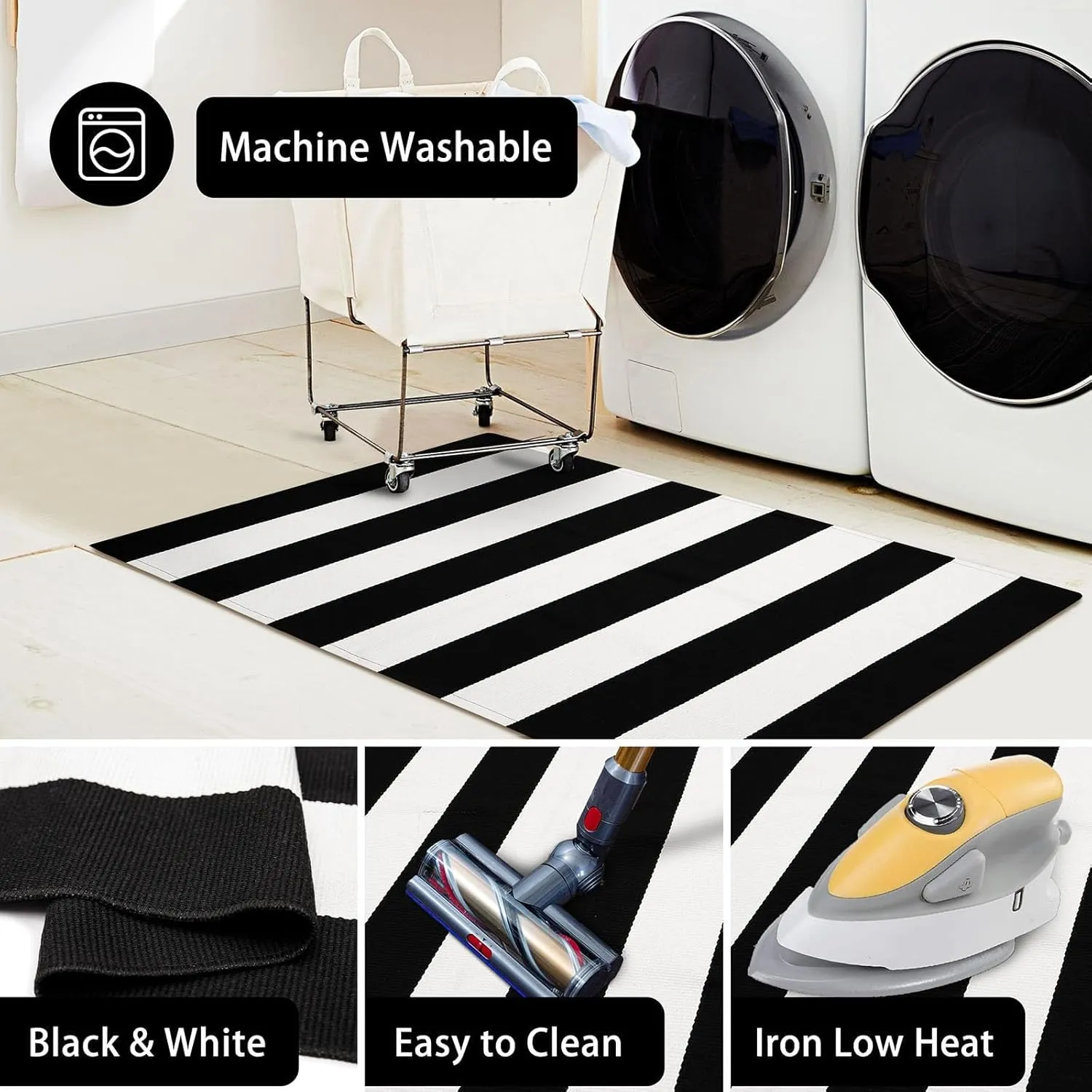 KOZYFLY Black and White Striped Runner Rug 2x6 Ft Washable Hallway Runner Rug Farmhouse Kitchen Rug Hand Woven Cotton Indoor Outdoor Rug for Kitchen Hallway Bedroom Laundry Room