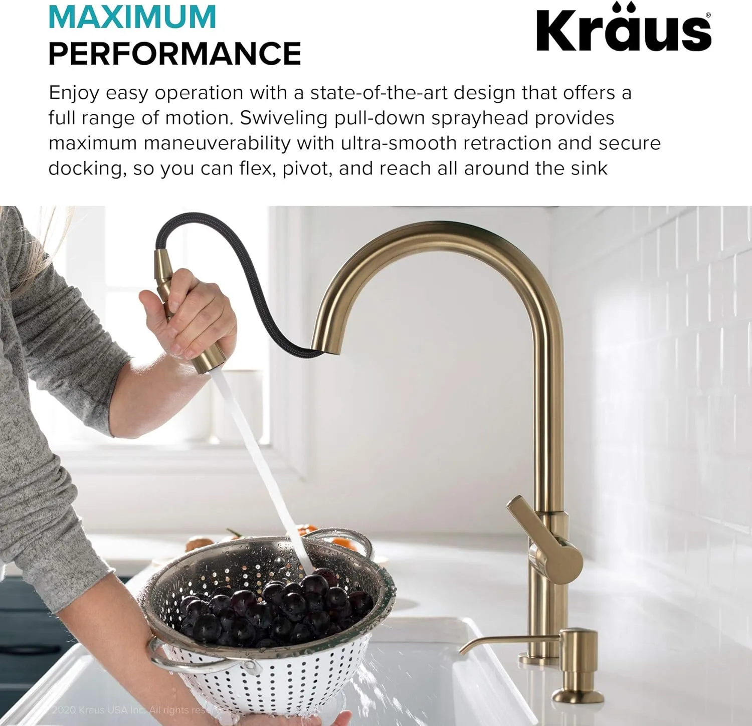 KRAUS Oletto High-Arc Single Handle Pull-Down Kitchen Sink Faucets in Brushed Brass, Kitchen Faucets with Pull Down Sprayer, KPF-2820BB