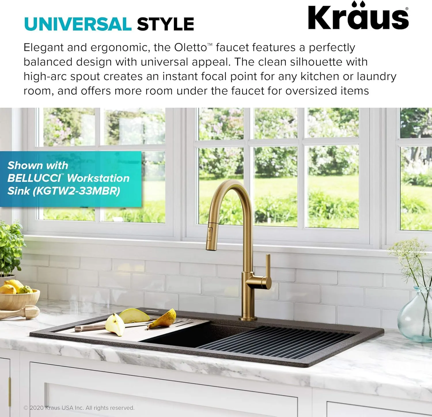 KRAUS Oletto High-Arc Single Handle Pull-Down Kitchen Sink Faucets in Brushed Brass, Kitchen Faucets with Pull Down Sprayer, KPF-2820BB