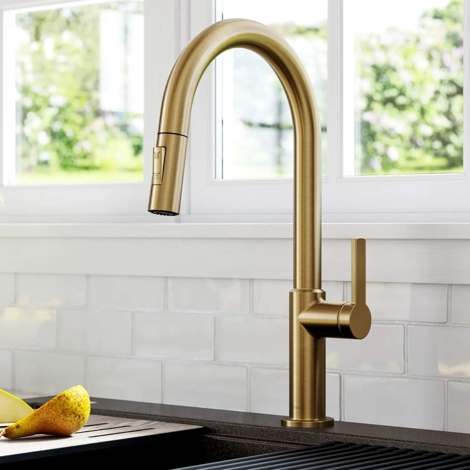 KRAUS Oletto High-Arc Single Handle Pull-Down Kitchen Sink Faucets in Brushed Brass, Kitchen Faucets with Pull Down Sprayer, KPF-2820BB