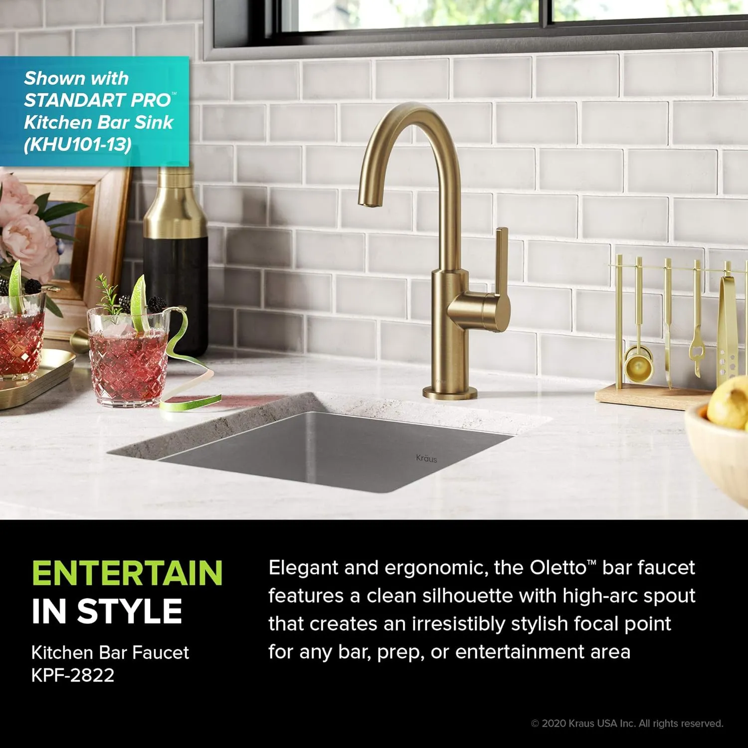 Kraus Oletto Single Handle Kitchen Bar Faucet in Brushed Brass, Kitchen Sink Faucets, KPF-2822BB