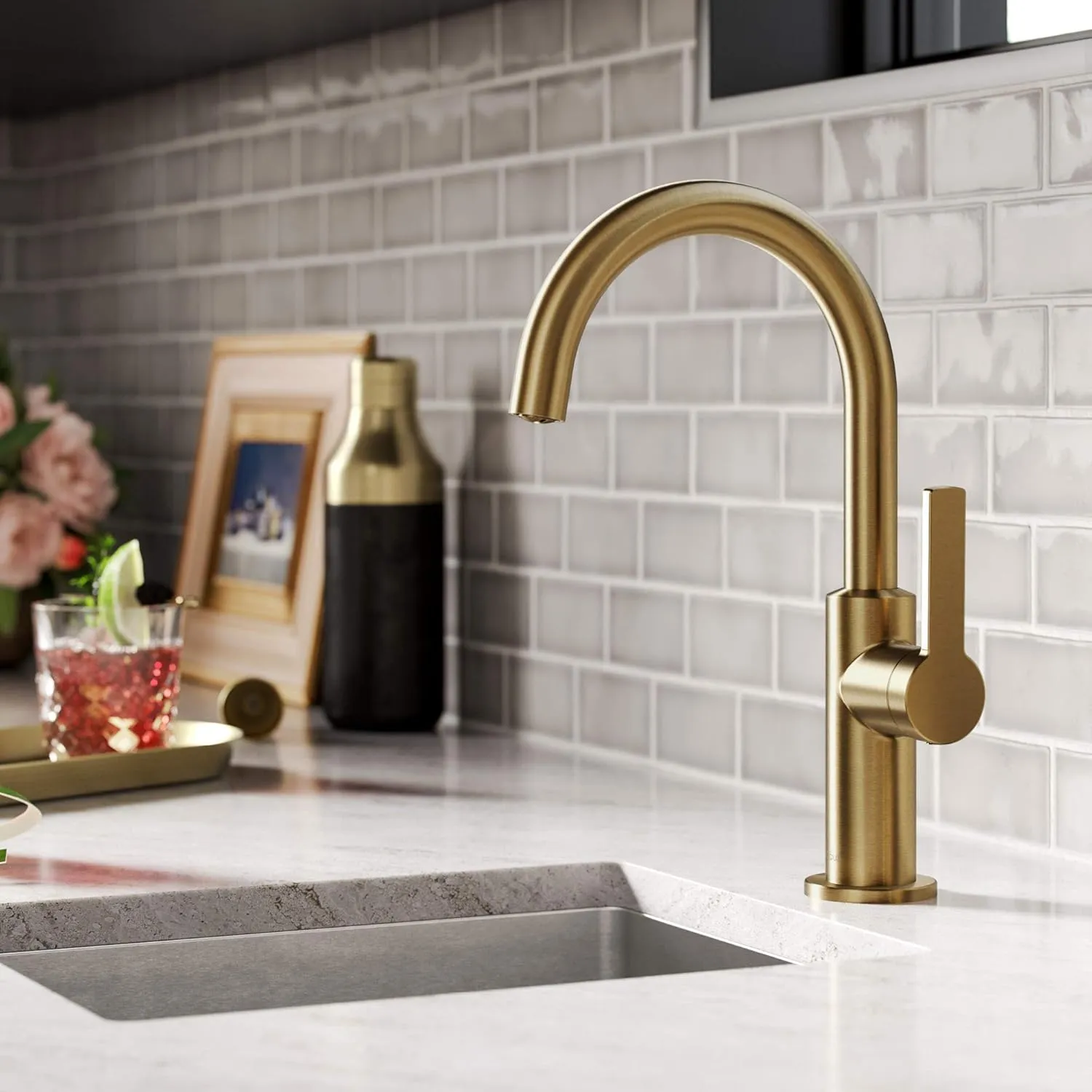 Kraus Oletto Single Handle Kitchen Bar Faucet in Brushed Brass, Kitchen Sink Faucets, KPF-2822BB
