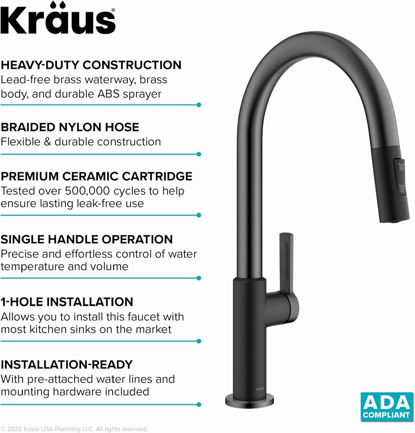 KRAUS Oletto High-Arc Single Handle Pull-Down Kitchen Sink Faucets in Spot Free Black Stainless Steel, Kitchen Faucets with Pull Down Sprayer, KPF-2820MBSFSB